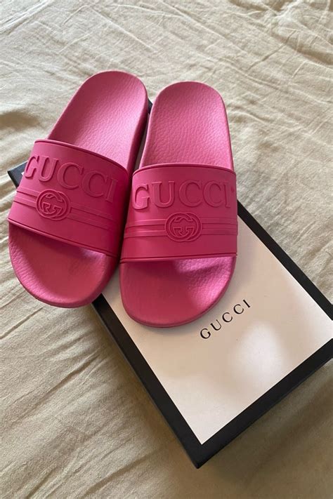 gucci rubber pink slides|hot pink gucci slides.